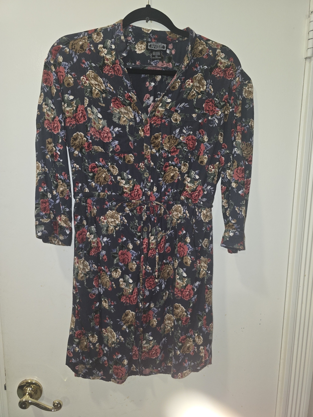Angie Navy Floral Button-Front Drawstring Dress